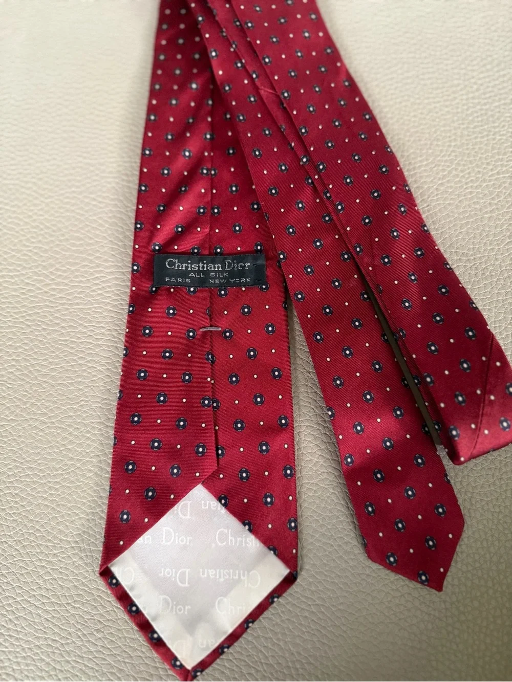 Christian Dior Burgundy Silk Tie with Navy and White Dot Motif